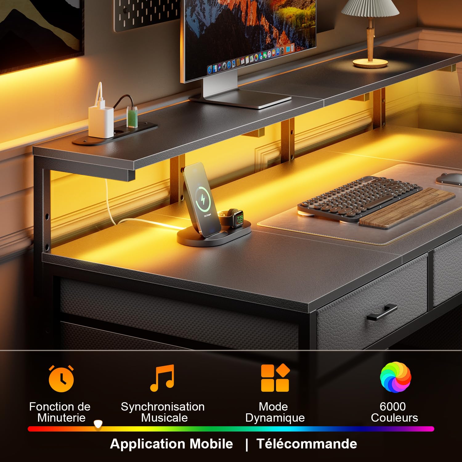 HLFURNIEU LED Bureau avec 8 Tiroirs en Tissu, 120 × 50 cm Bureau Gaming avec Rangement, Prise Intégrée & Ports USB, Table Ordinateur Support Ecran, pour Étudier, Travailler et Jouer, Table Gamer Gris