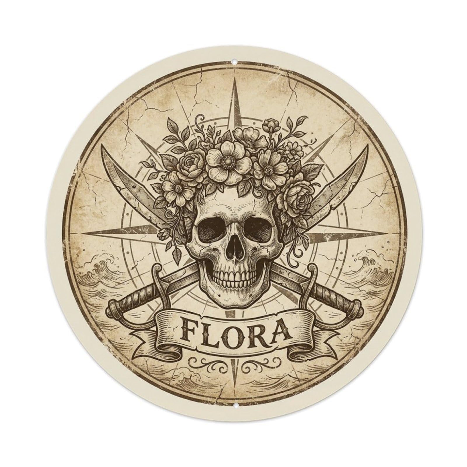 Flora Skull Flower Crown Cutlasses Buccaneer Mark Metal Tin Sign