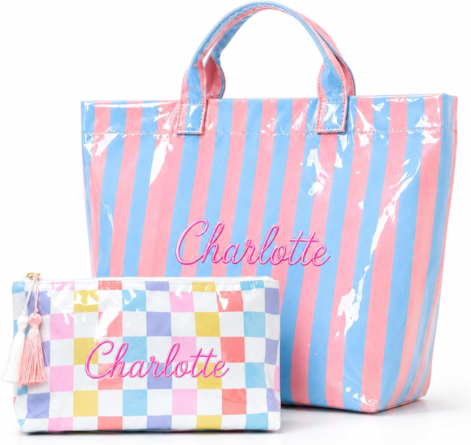 Personalized Striped PVC Beach Tote Bag, Jelly Tote Bag with Custom Name