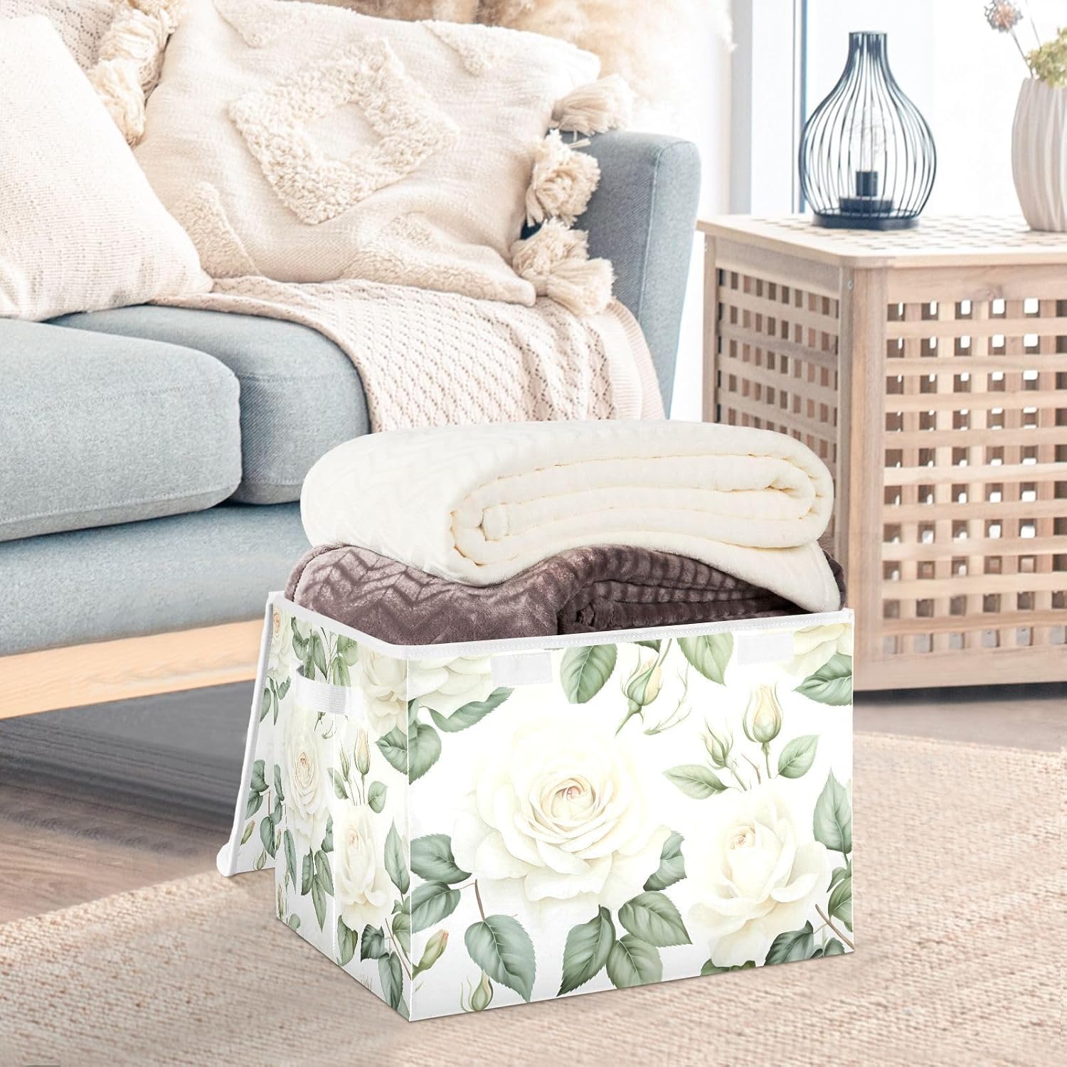 Flower Baskets Collapsible Storage Bins with Lids, White Rose Flower Storage Boxes Clothes Baskets for Organizing