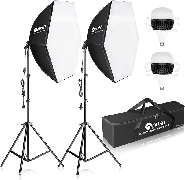 HPUSN Softbox Lighting Kit 2x76x76cm Photography Continuous Lighting System Photo Studio Equipment with 2pcs E27 Socket 85W 5400K Bulbs for Filming Model Portrait Product Fashion Photography