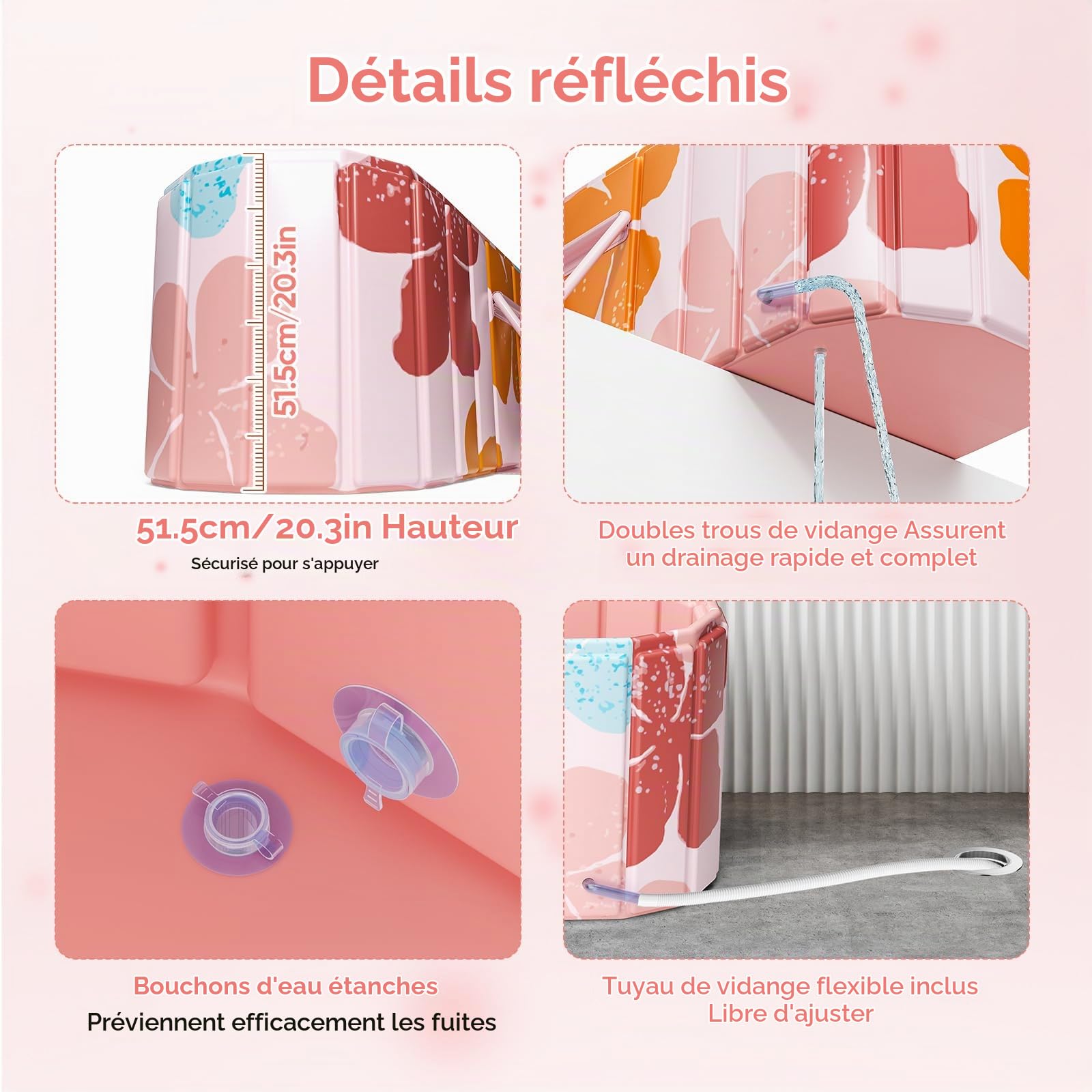 Baignoire pliable adulte 145x52x51.5cm (57.1x20.5x20.3in),Baignoire portable pliable avec 2 panneaux de support latéraux,2 trous de drainage,pour adultes,baignoires pour Intérieur/Extérieur