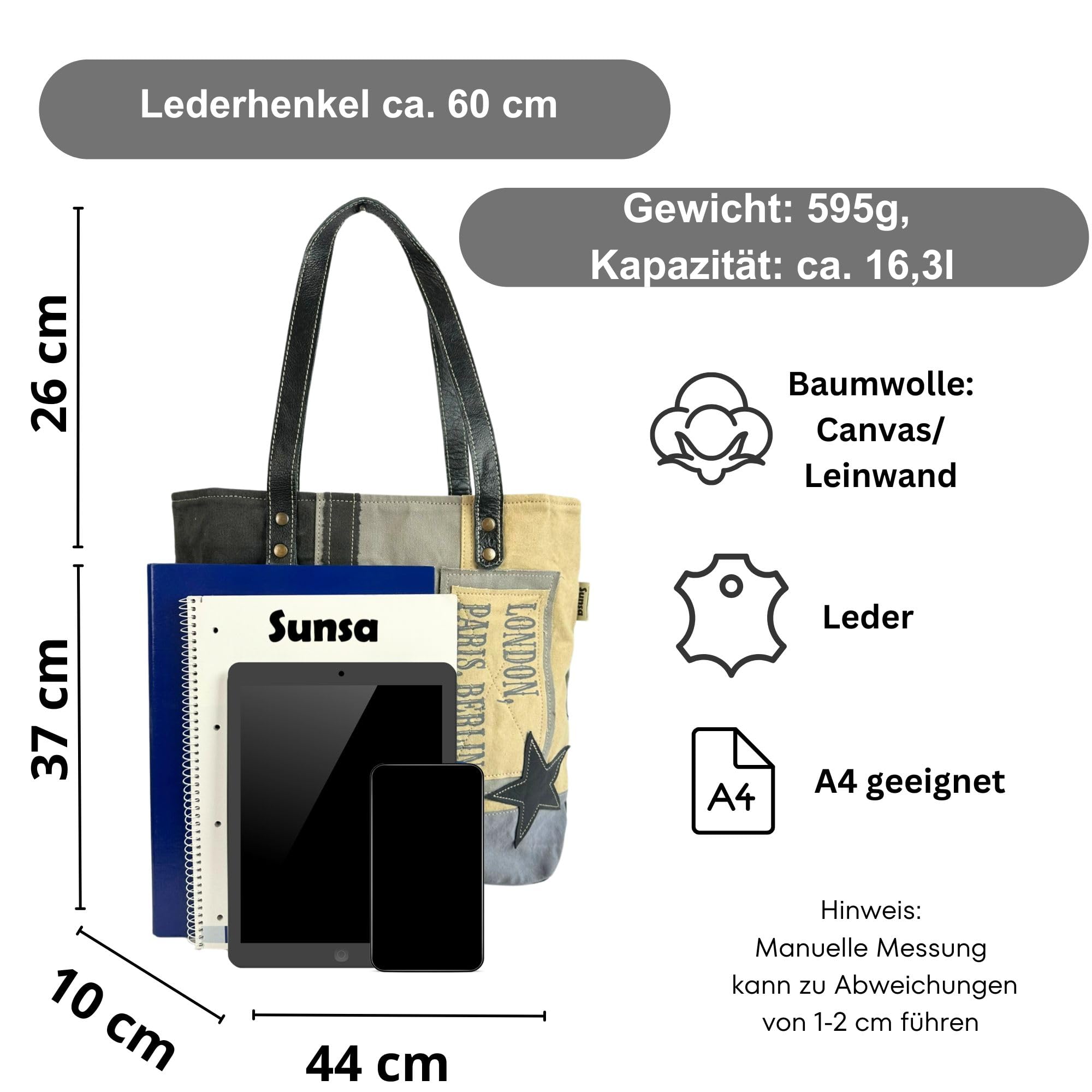 Sunsa Damen Handtasche. Große Shopper in Vintage Retro Stil mit Stern.