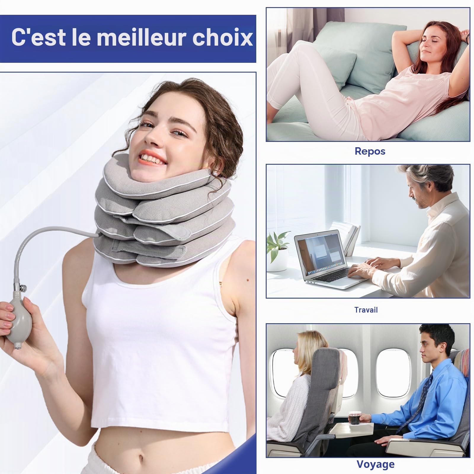 Gonflable Minerve, 3+1 Couches avec Mentonnière, Conception Ergonomique, Tour de cou Avion Doublure épaisse en TPU, pour la Traction Cervicale et le Soulagement de la Douleur