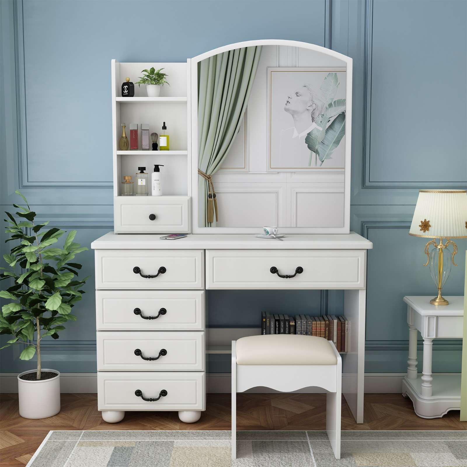 FRITHJILL White Vanity Desk with LED 3-Color Adjustable Mirror, 6 Drawers, and Soft Stool, Makeup Table Set for Bedroom