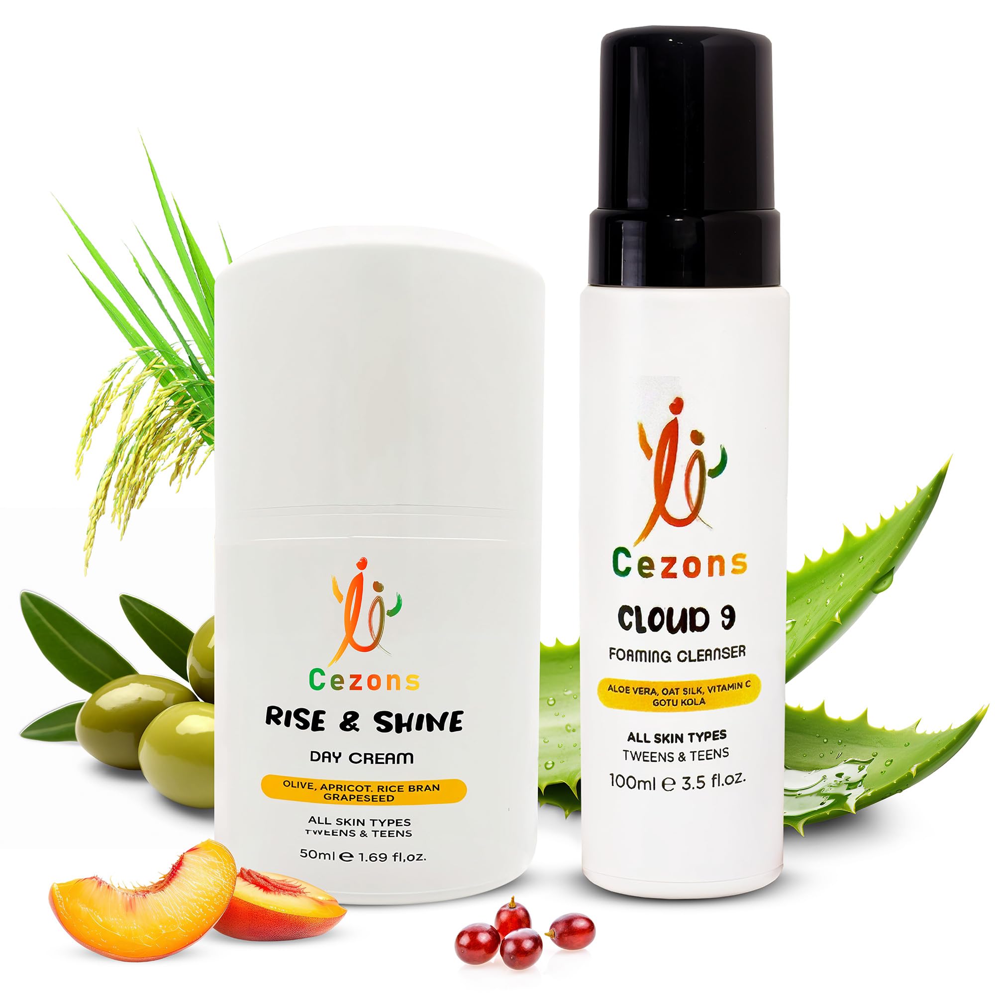 Cezons Cleanser & Face Cream Skincare Set for Kids and Teenagers - Made in UK - 100ml and 50ml, White, 150 ml (Pack of 1)