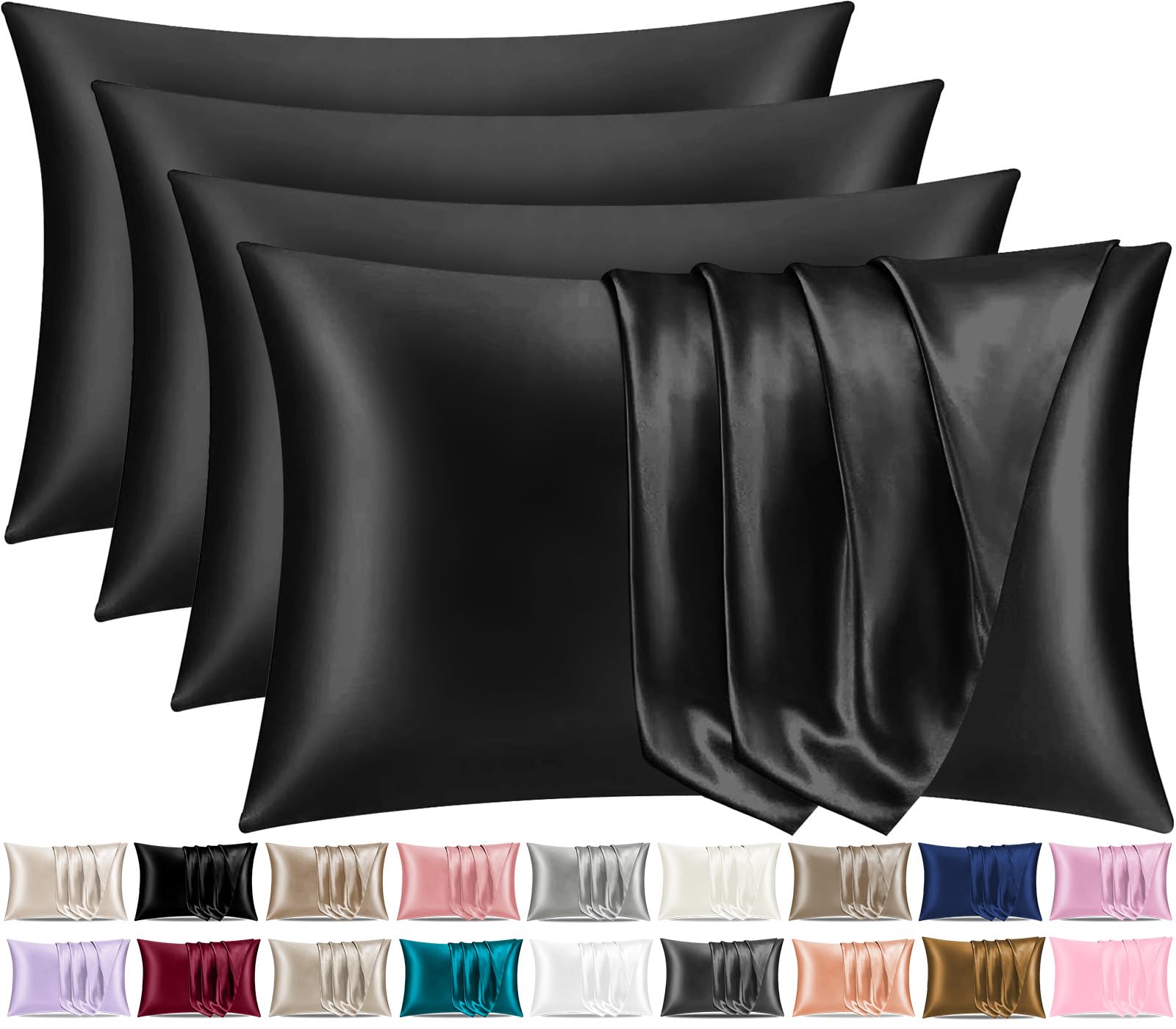 Pamposh Midnight Black Satin Silk Pillowcases For Hair And Skin 2 Pack Standard Size With Envelope Closure (, 4 Pcs Pillowcases (50 X 75 Cm))