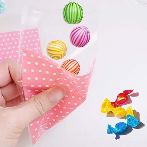 Miniatura 6 de Bitray 300 bolsas de dulces con patrón de lazo autosellante, color rosa, desechables, plástico sellado con adhesivo, material de OPP, cierre