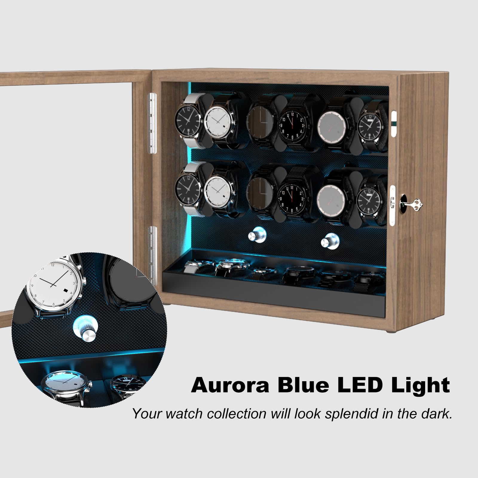 DUKWIN Uhrenbeweger für 4/6/8/12 Automatikuhren, abschließbare automatische Aufzieher mit extra 4/6 Uhrenräumen, 4 Rotationsmodi, flexiblen Kissen, leiser Motor und blauer Hintergrundbeleuchtung