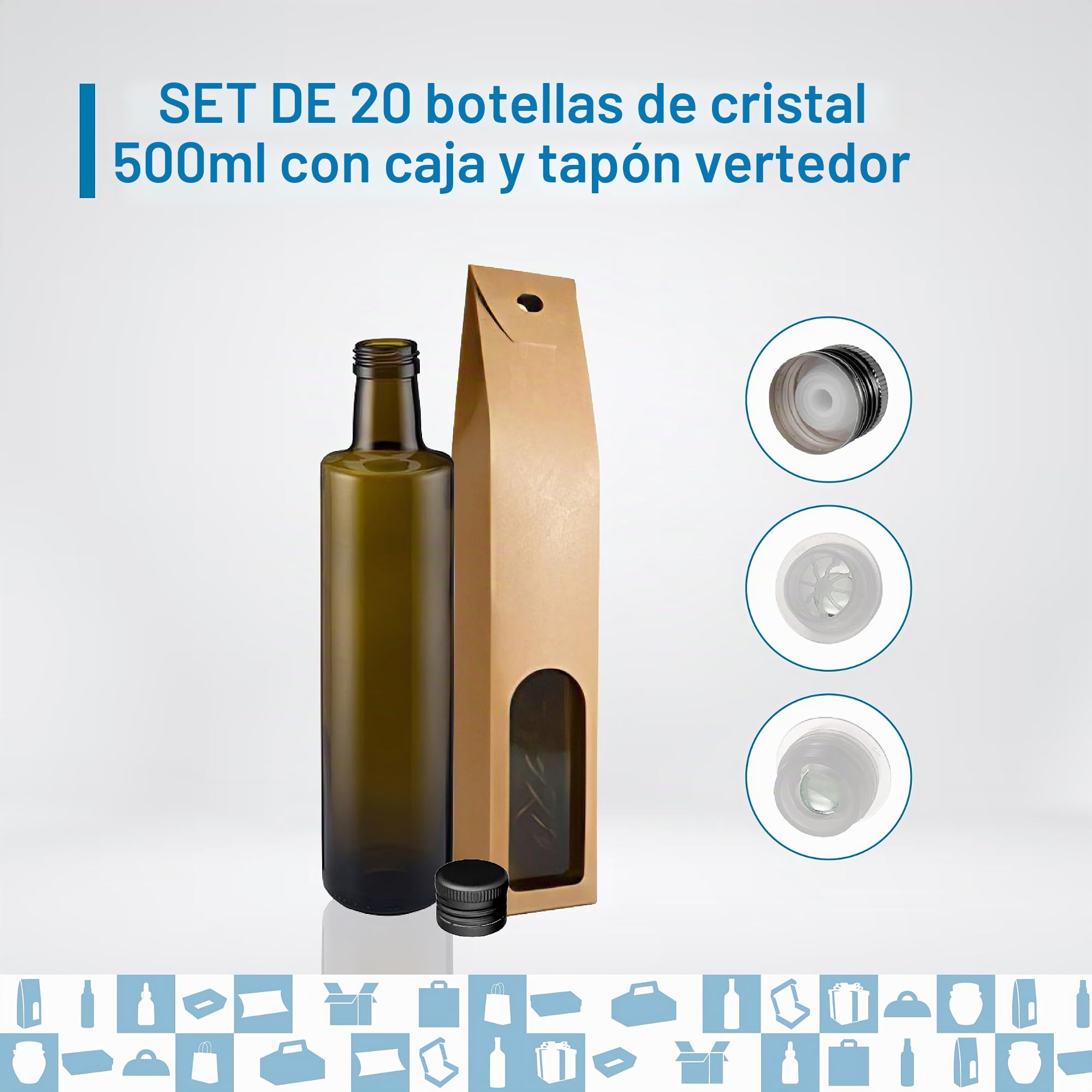 20 Botellas de Cristal Oscuro 500 ml con Tapón Dorado y Boquilla – Aceitera Protectora para Aceite de Oliva, Vinagre y Salsas | Espirito Rebelde