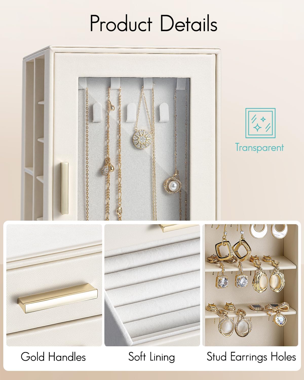 Vlando 360° Rotating Jewelry Box with 5 Drawers, Large Jewelry Storage with 2 Glass Window, PU Leather Jewelry Organizer for Bracelets, Necklaces, Earrings, Rings - Cloud White - Image 6