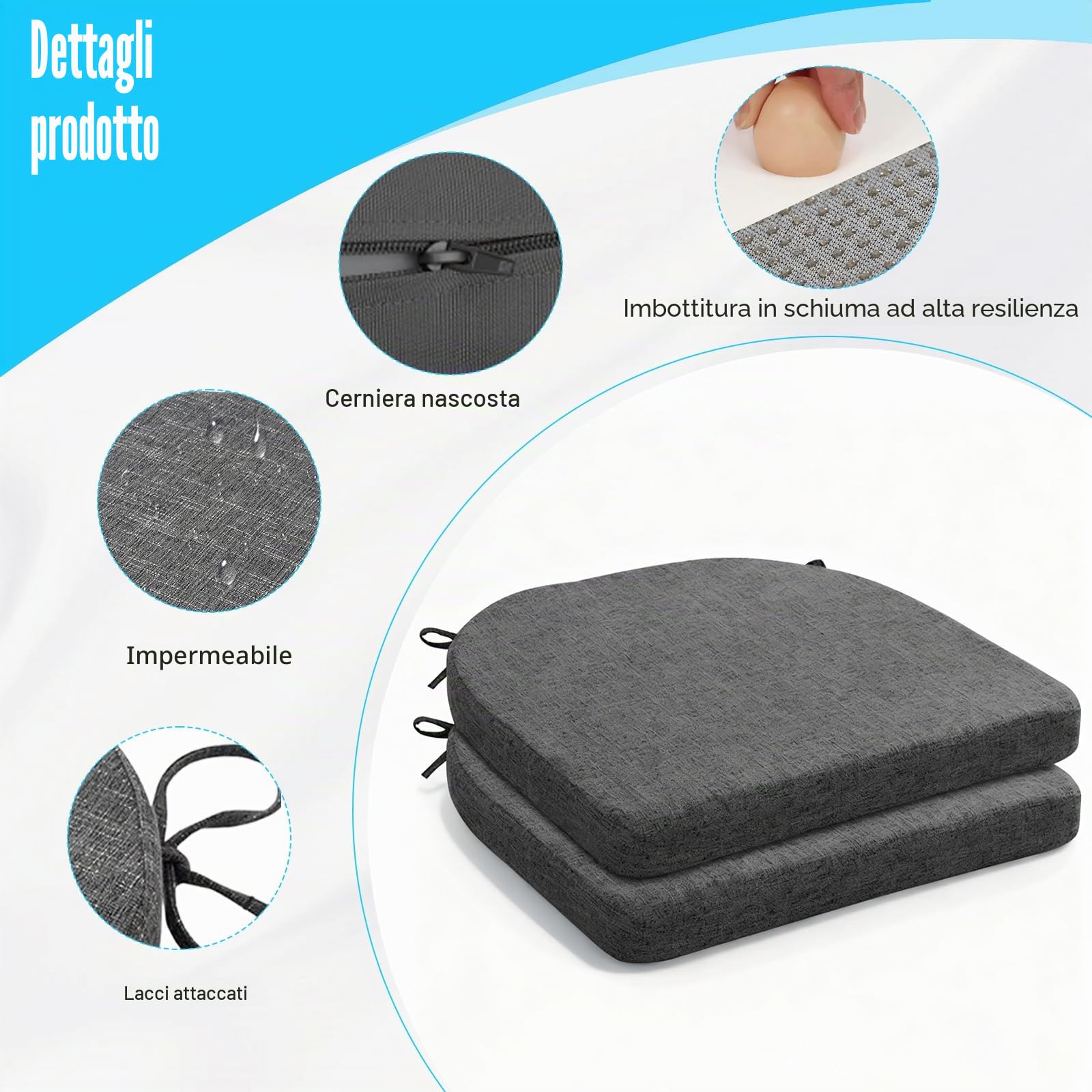 Set di 2 cuscini per sedia da esterni, 42 x 43 cm, per sedia e sedia da giardino, cuscino per sedia da esterno, imbottitura per mobili da giardino, resistente alle intemperie, con nastri (grigio scuro