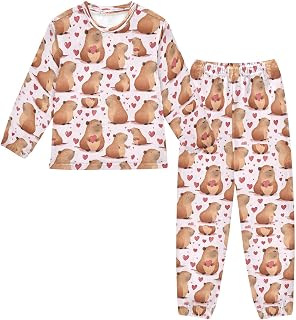 Fleece Pajamas Set Capybara Heart Cute Long Sleeve Sleepwear Winter 2 Piece Pjs Set 6-16 Years