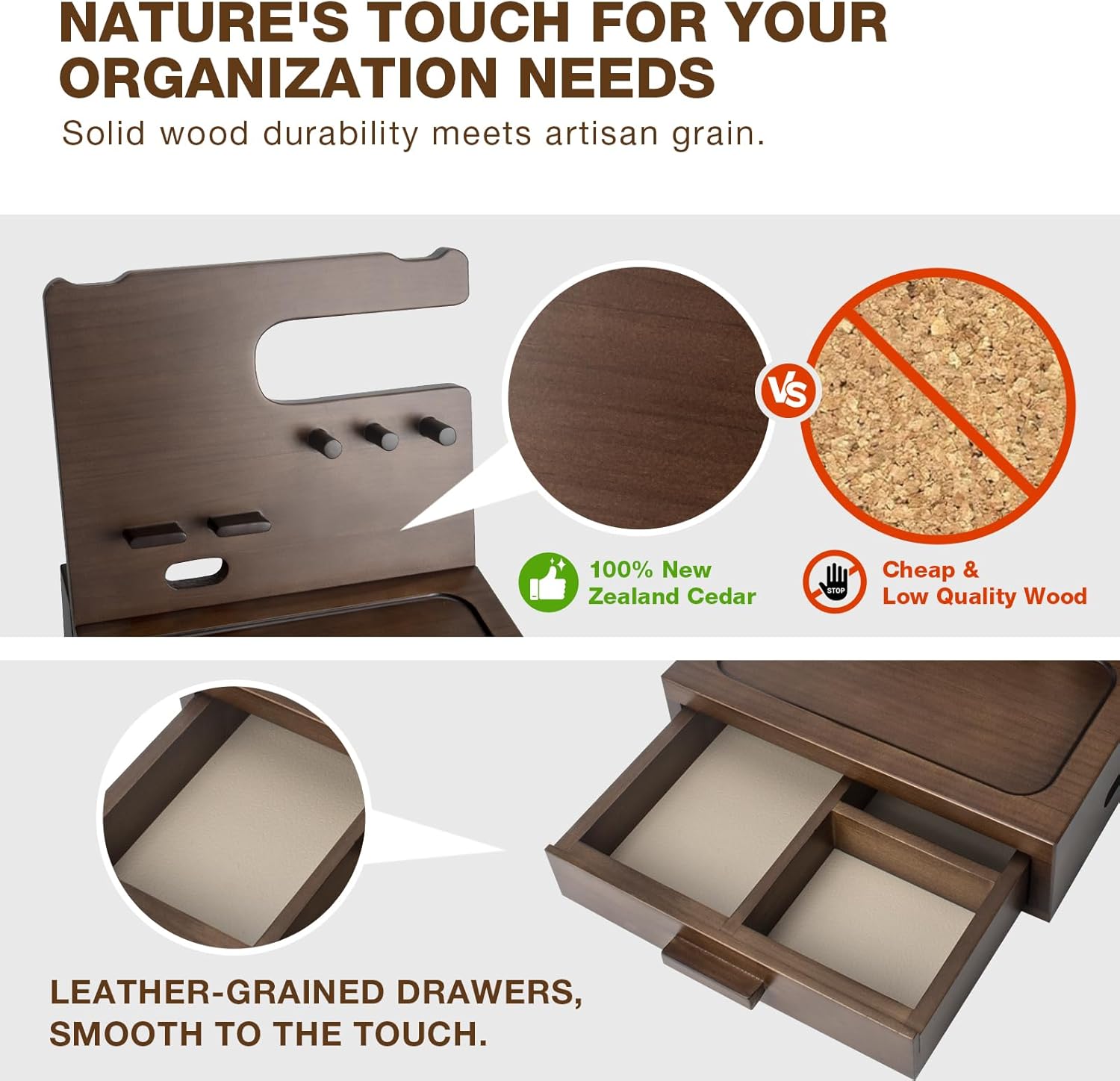 Solid Wood Nightstand Organizer, Docking Station, Gifts for Men, Made of Cedar, Versatile Bedside Table Organizer for Cellphone, Watch, Headphone, Keys, Dark Walnut