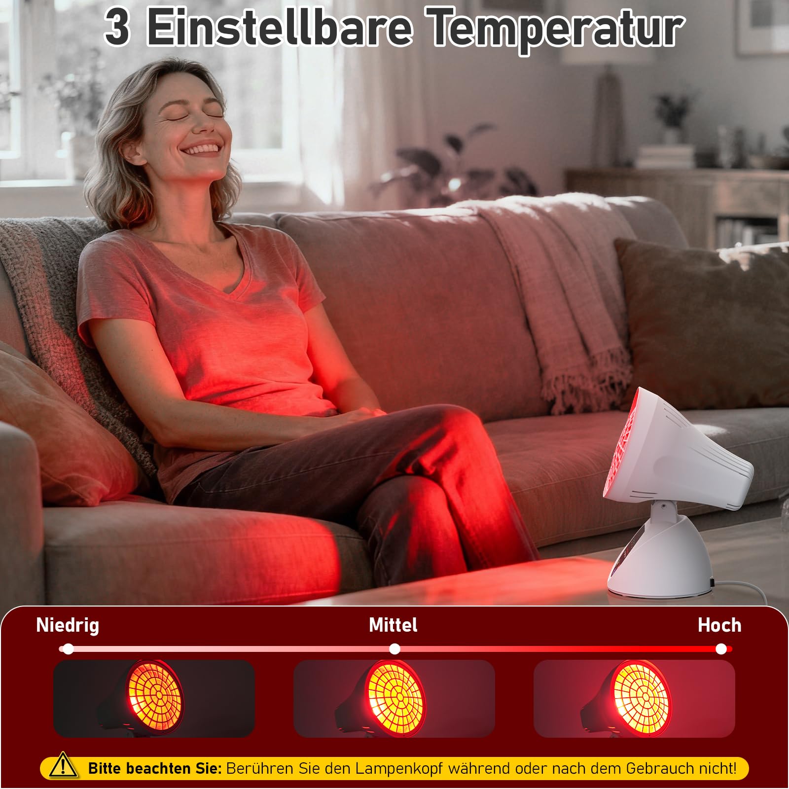 Rotlichtlampe 150W, Infrarotlampe mit 3 Temperaturstufen, 30/45/60 Min Timer, Winkelverstellbar, Kippschutz mit Automatischer Abschaltung für Büro & Zuhause