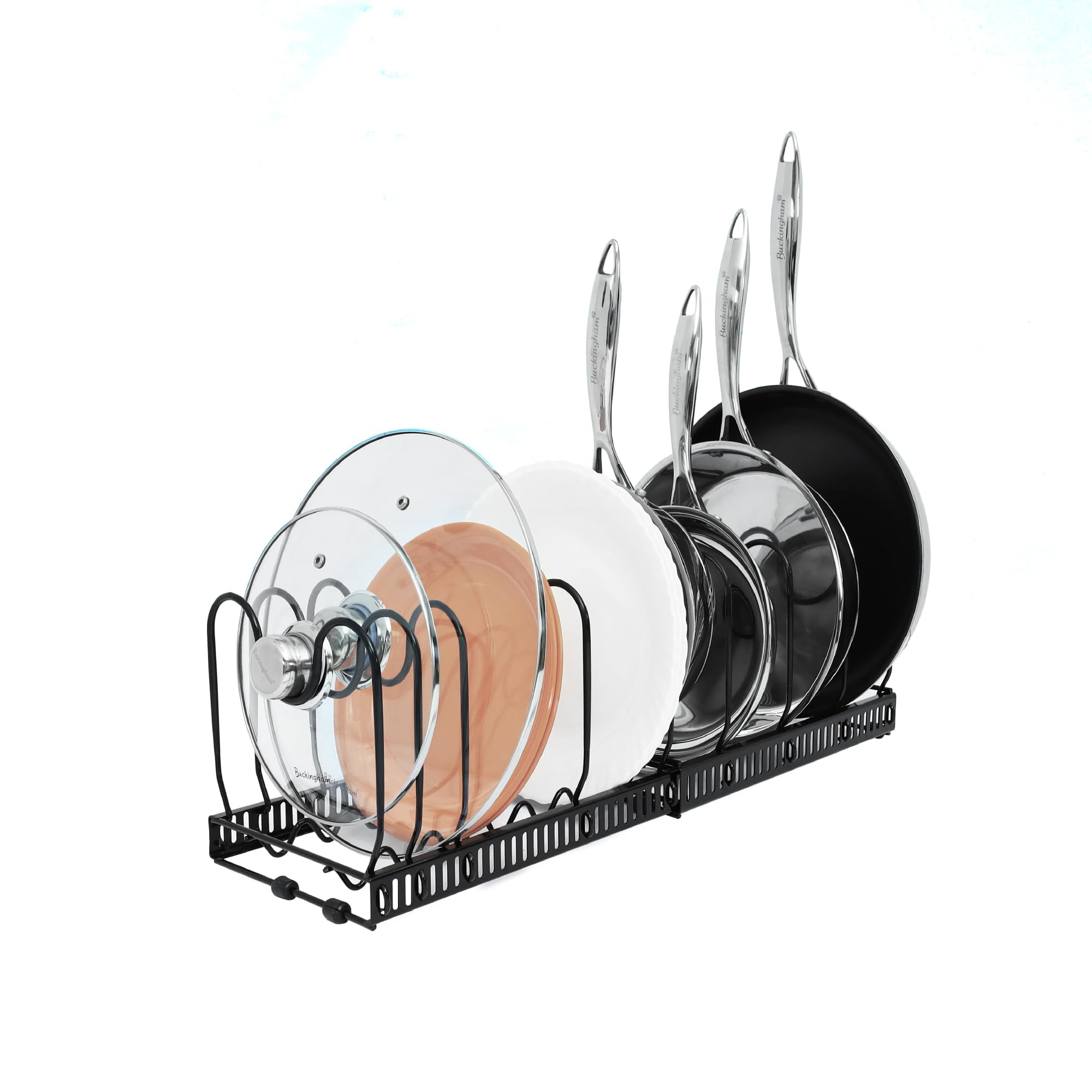 Buckingham Expandable Black kitchen cupboard organiser pots and pans kitchen organiser Rack with 10 Adjustable Sections Use in Pantry Cabinet or Counter Worktop (Pot & Pan Rack - 10 Dividers)