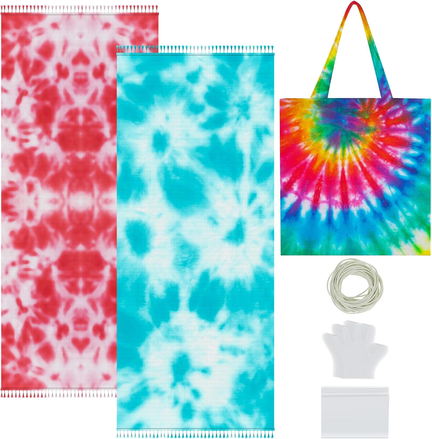 Silkfly 4 Pcs Cotton Items for Tie Dye, White Cotton Turkish Beach Towels and Tote Bags Tie Dye Kit for Large Groups Summer DIY Project