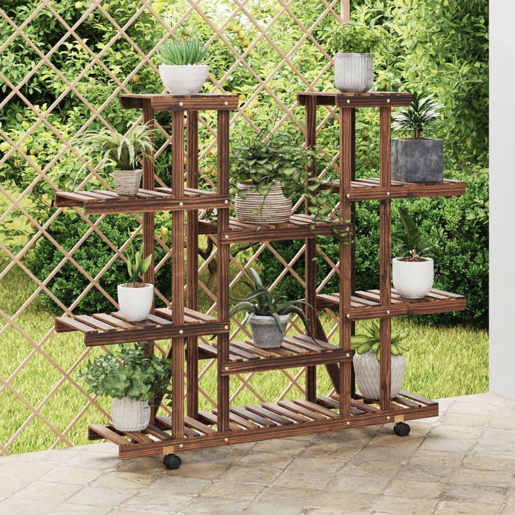 Blumenständer mit Rollen 110x25x115 cm, Pflanzenregal aus Massivholz Tanne für Wohnzimmer und Balkon, Mehrstöckiges Blumenregal Pflanzentreppe Karbonisiert