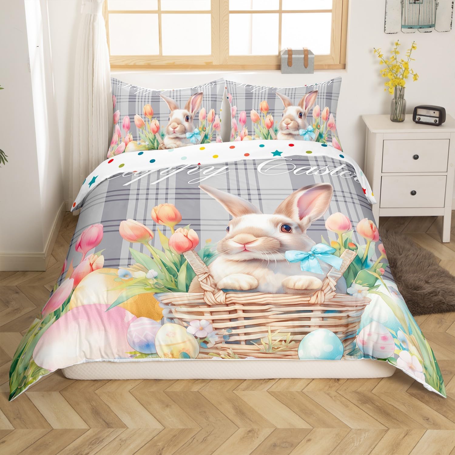 Cartoon Easter Rabbits Duvet Cover Toddler Size,Waterclor Pink Tulip Comforter Cover with 1 Pillowcase,Rustic Farmhouse Eggs Bedding Set 2pcs for Kids Bedroom Decor,Grids Quilt Cover