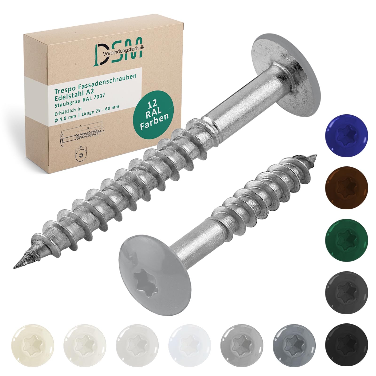 DSM Tornillos de fachada Trespo 4,8 x 38 mm, gris polvo RAL 7037, acero inoxidable A2, cabeza redonda plana con accionamiento TX, autorroscantes y resistentes a la corrosión, tornillos para madera