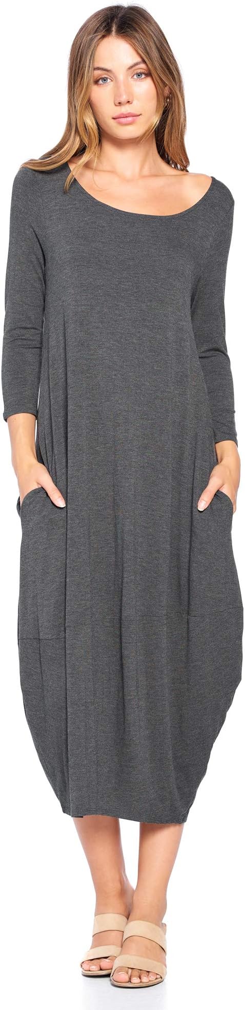 Solid 3/4 Sleeve Bubble Hem Pocket Midi Dress (S-3X) - Made in USA