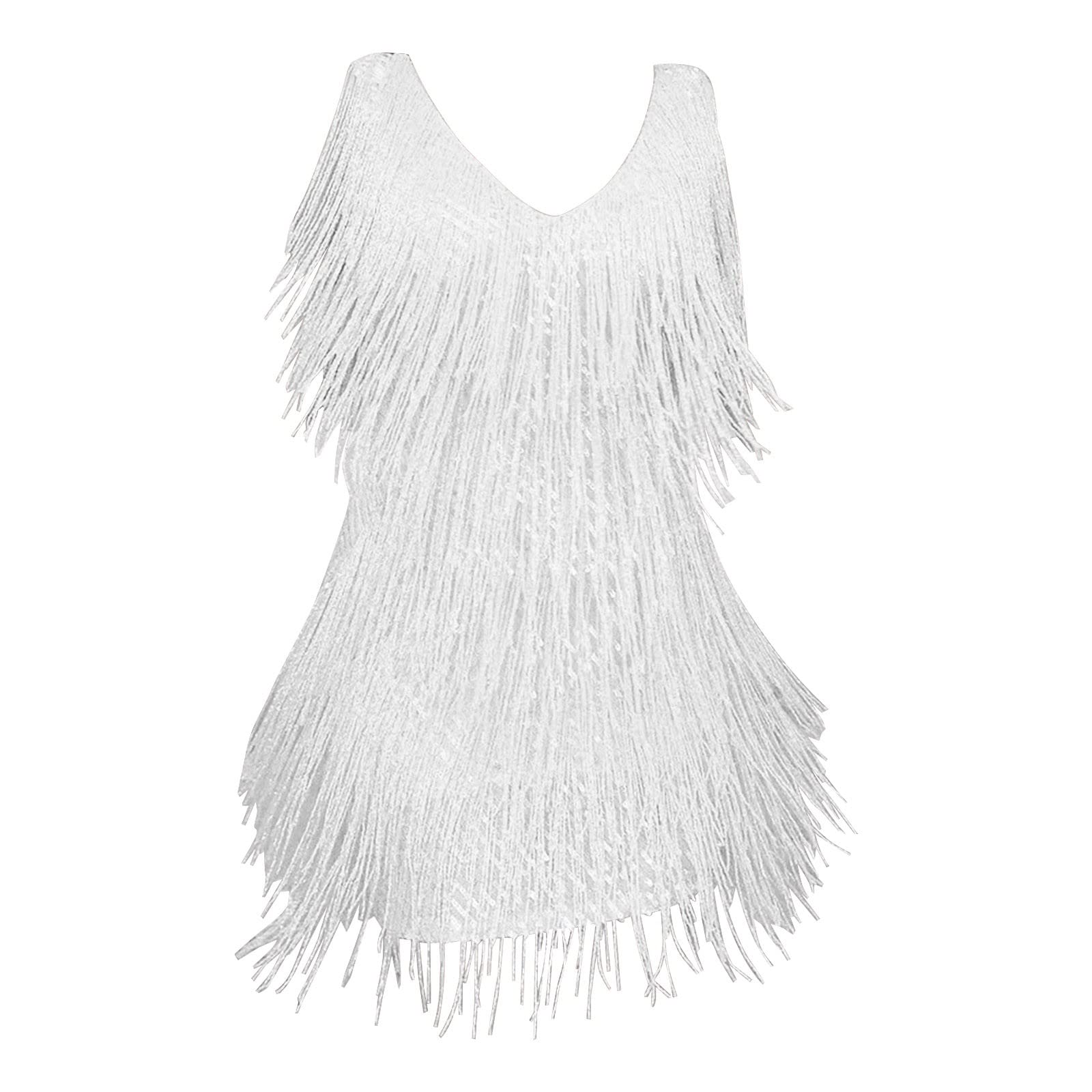 Vestido corto de baile con flecos y lentejuelas para mujer, sin mangas, cuello en V, para graduación, carnaval, club, fiesta, baile latino, vestido corto