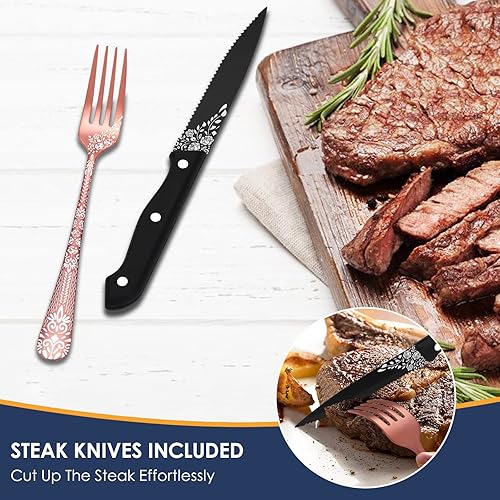 Miniatura 6 de EUIRIO Juego de cubiertos de oro rosa de 36 piezas con cuchillos para carne, juego de cubiertos para 6, juego de cubiertos de espejo de acero