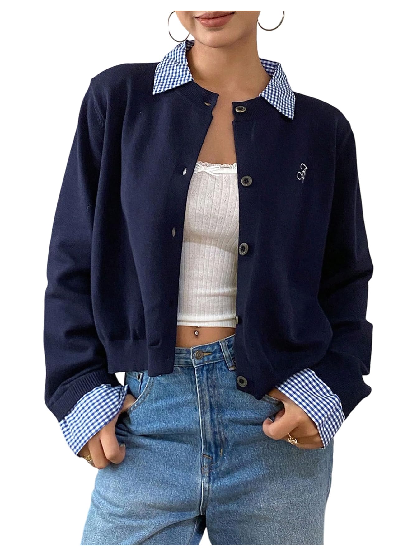 MakeMeChic Womens Plaid Cardigan Button Down Embroidery Collared Long Sleeve 2 in 1 Sweater