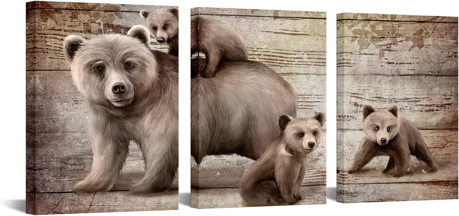 Nachic Wall Bear Decorations for Cabin Bear Mother and Cubs Love Family Canvas Wall Art Vintage Forest Animal Paintings Wildlife Pictures Artwork for Bedroom Farmhouse Kitchen (Small)