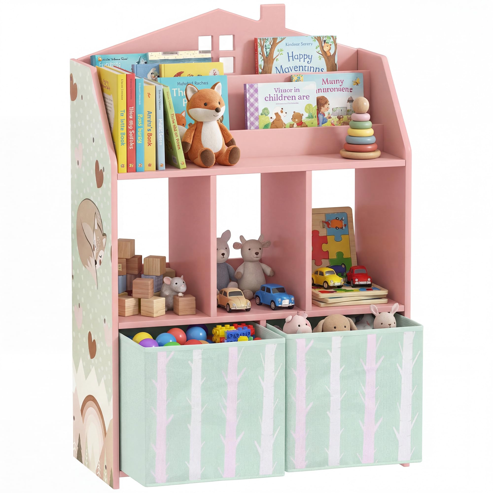 AIYAPLAY Children's Toy Shelf with Fabric Drawers, Open Shelves, Foxes Design, Toy Organizer for Bedroom, Game Room, Nursery, Pink The Forest Stewardship Council