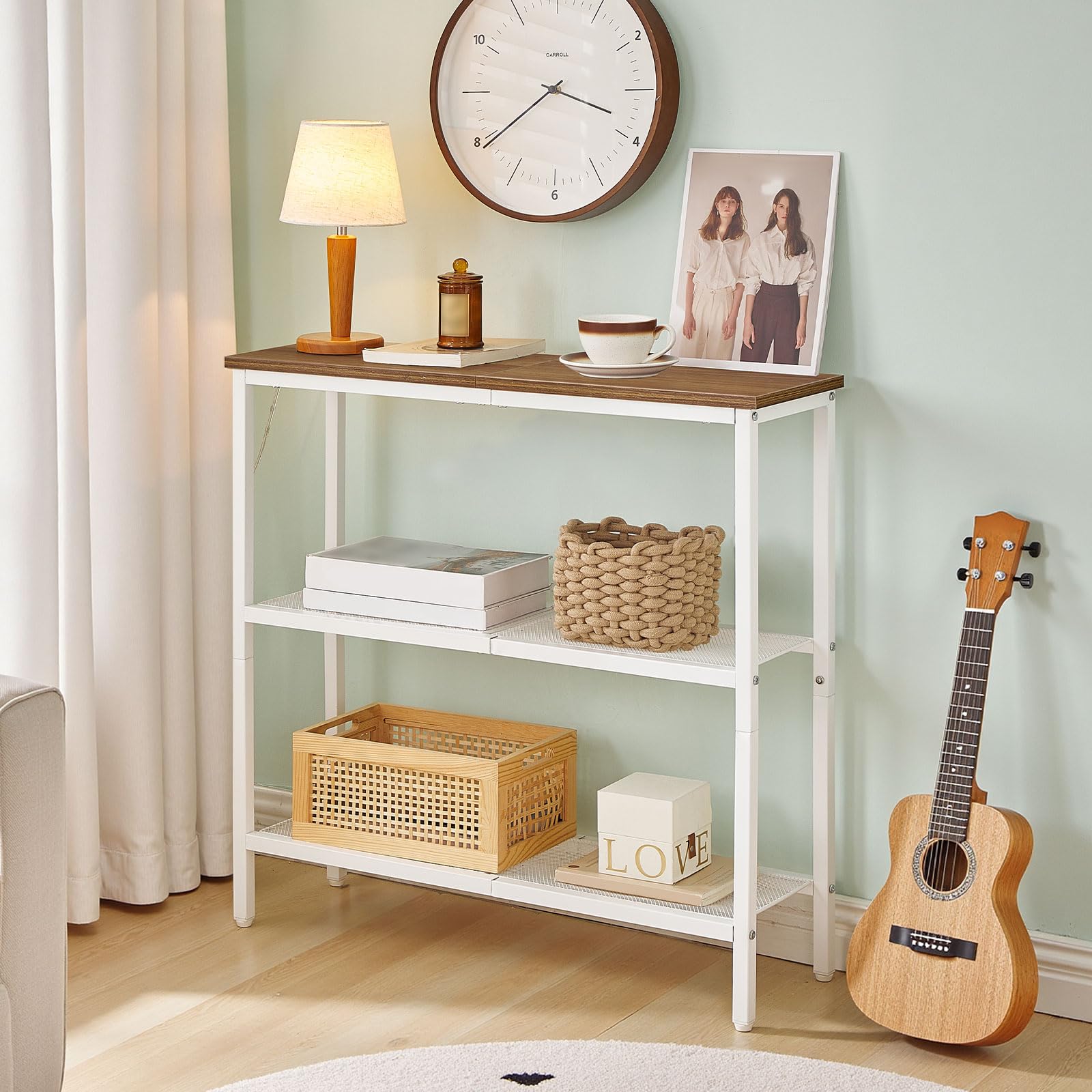 HOOBRO Table Console, Table d'Appoint avec 2 Étagères de Treillis, Table Canapé, Cadre en Métal, Design Industriel, pour Couloir, Entrée, Salon, Chambre et Bureau, Blanc et Noyer EWH73XG01