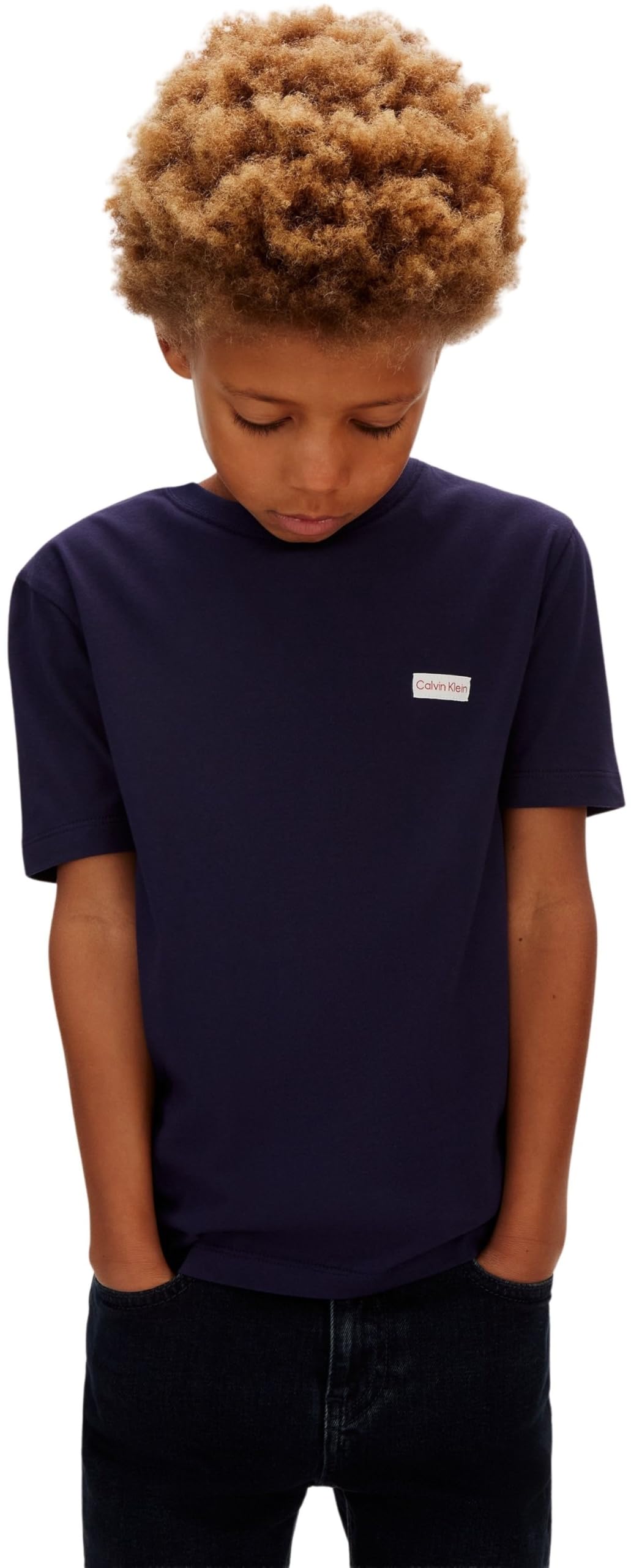 Calvin Klein Boys’ T-Shirt Short Sleeve Logo Label in Cotton, Blue (Evening Blue #19-3815 TCX), 14 Years