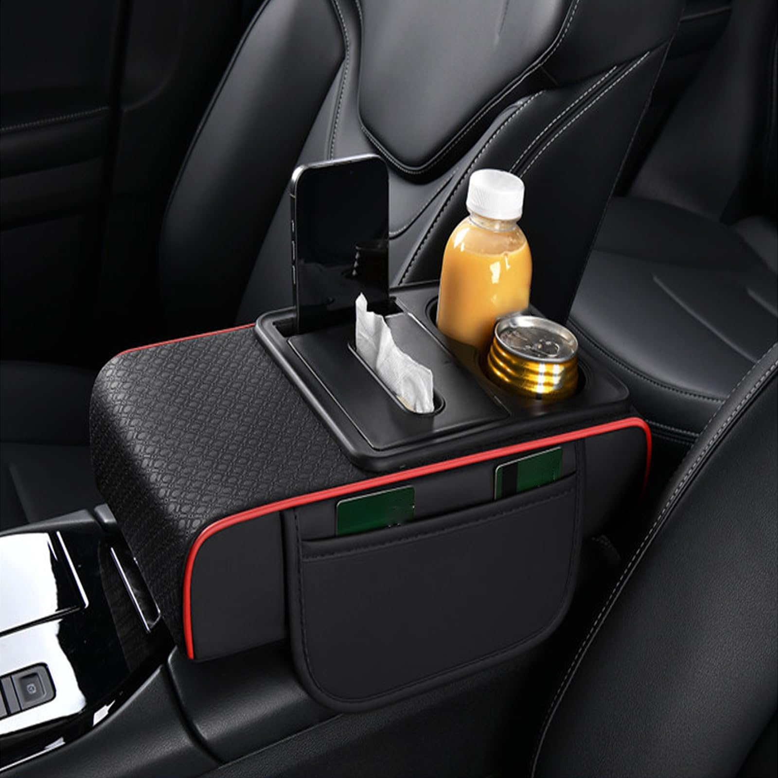 Car Armrest Cover Pad for McLaren 720S 765LT Artura GT Sabre Elva P1 650S 570S 540C MP4 12C, PU Leather Center Console Cushion, Heightening Cushion, Non-Slip Interior Protector with Storage Pocket