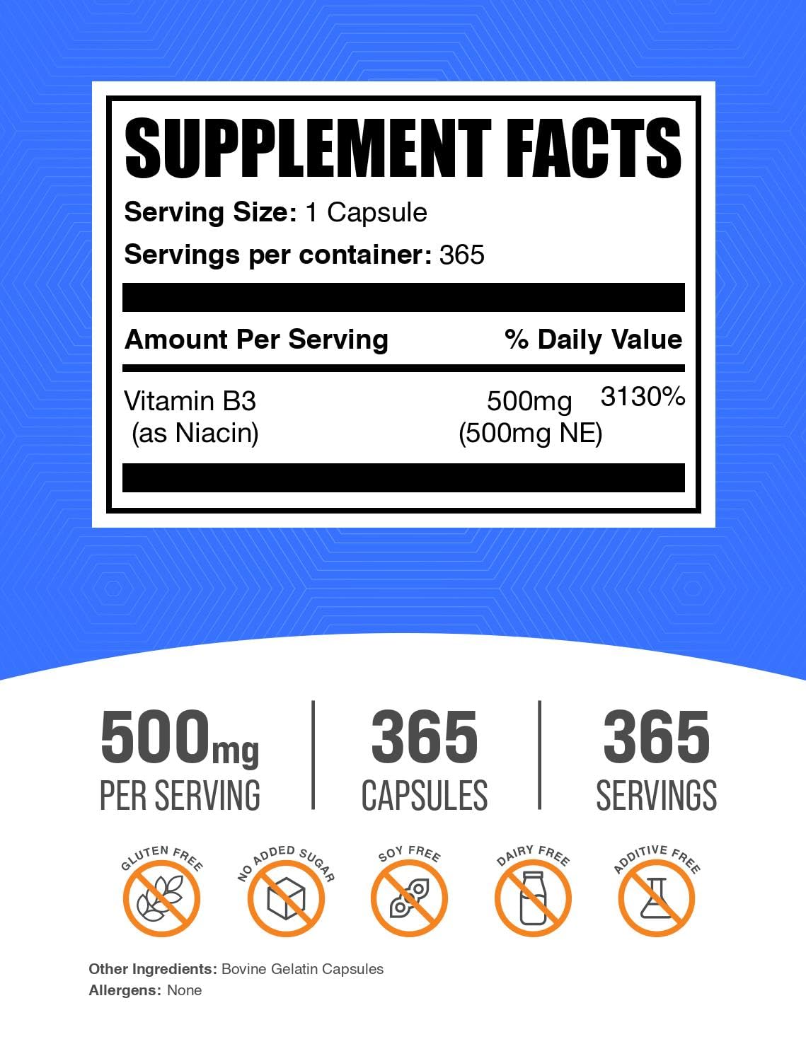 BulkSupplements.com Niacin Capsules - Niacin Supplement, Vitamin B3 - Gluten Free, 1 Capsule per Serving, 365 Capsules (Pack of 1) — Amazon image 2