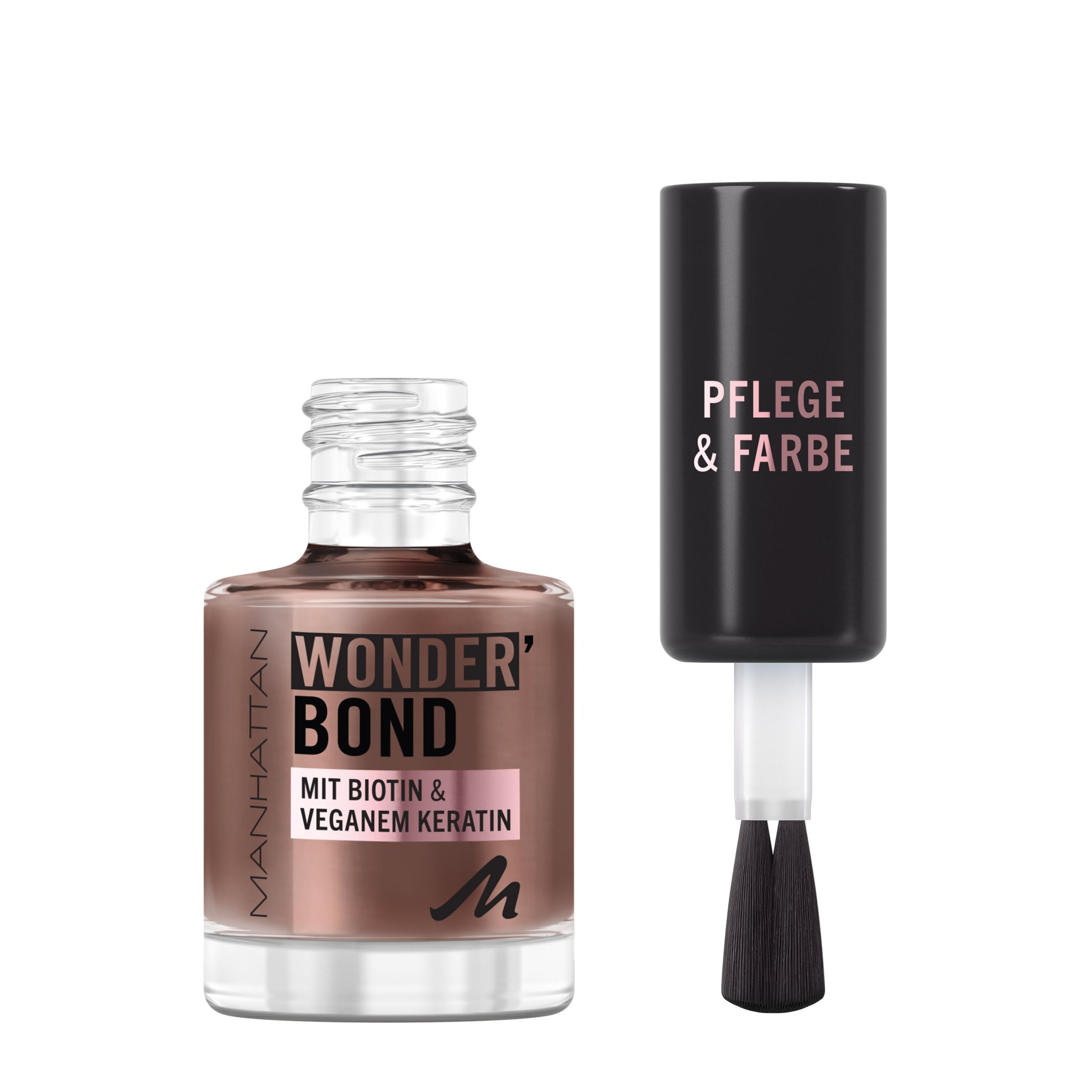MANHATTAN Wonder'Bond Nail Polish Farbe & Pflege, vegan und tierversuchsfrei, aufbaubare Formel mit Biotin und veganem Keratin, leicht aufzutragen, Fb. 007 Penny Brown, 12 ml