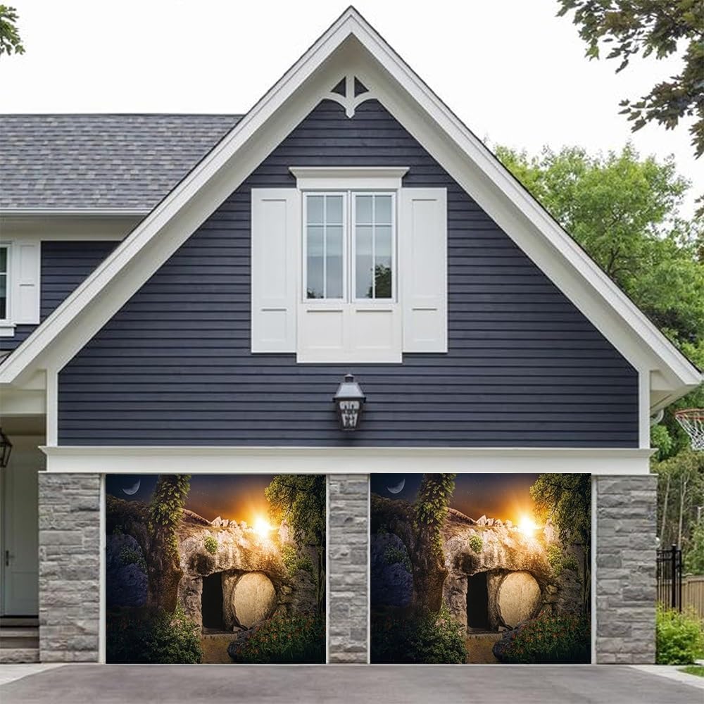Leyiyi 7x8ft Easter Garage Door Banner Cover Resurrection of Jesus Christ Backdrop Empty Tomb Hole Holy Light He is Risen Crucifixion at Sunrise Garage Background for Christian Easter Photo Props
