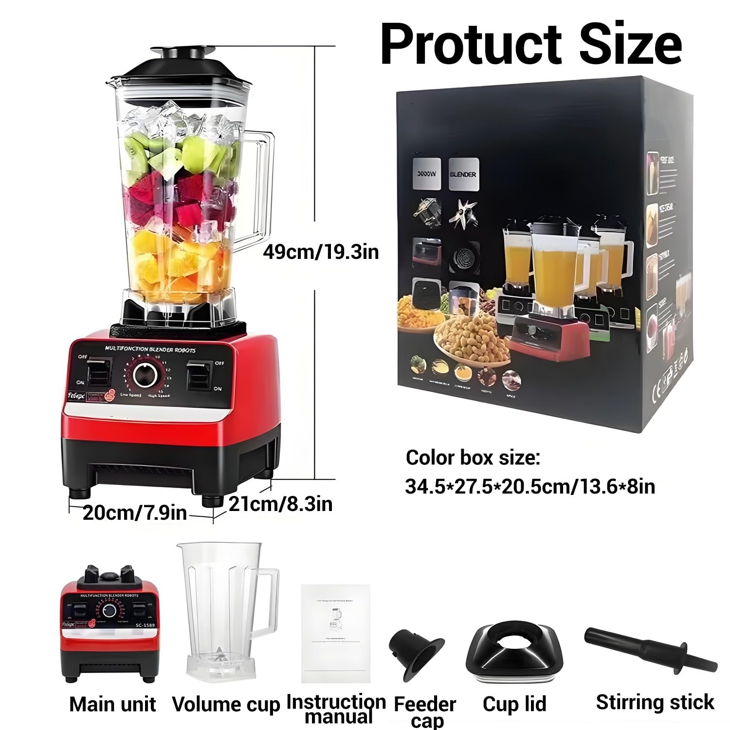 Blender do smoothie 4500W, Blender kuchenny z 2 kielichami do mielenia (2,5 l/750 ml), 15 prędkości, maks. 32000 obr./min, 8 ostrzy, robot kuchenny do koktajli, mrożonych napojów, lodu