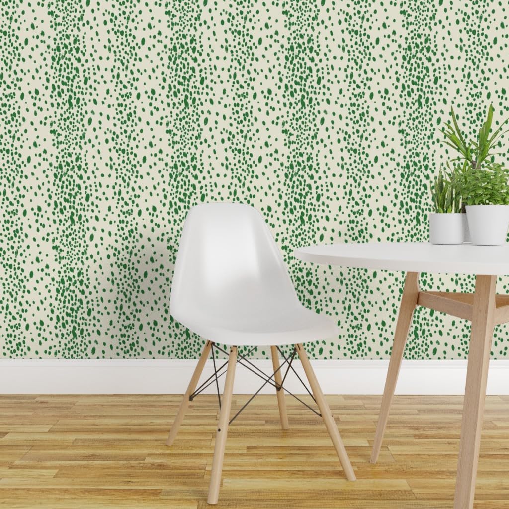 Spoonflower Removable Wallpaper 3ft x 2ft - Dots Warm Emerald Green Ivory Cream Animal Print Paint Dot Ivory White Dalmatian Spots Splatter Custom Pre-Pasted Wallpaper