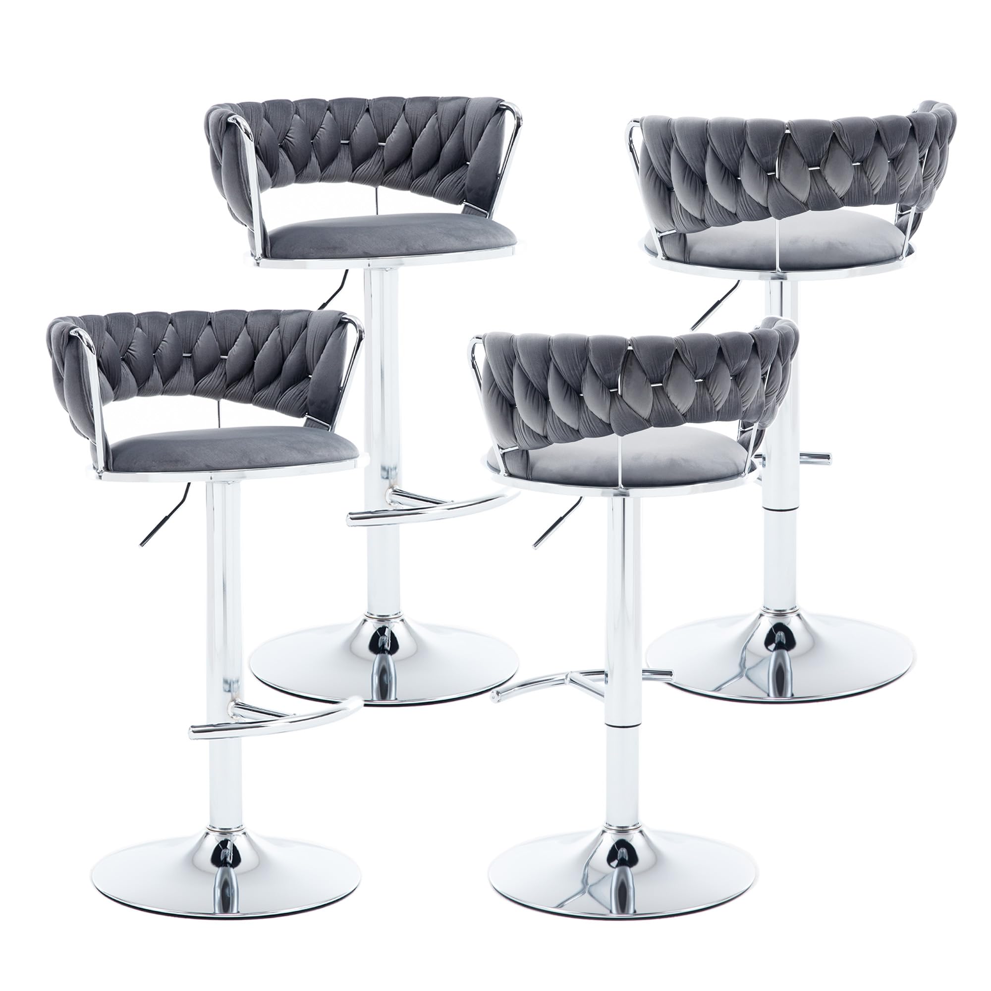Haplized Velvet Swivel Bar Stools Set of 4, Modern Adjustable 360° Swivel Bar Height Chairs with Woven Hollow Back, Upholstered Counter Height Bar