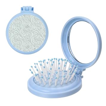 Light Green Wave Hair Brush With Mirror, Folding Brush With Compact Mirror For Men Women, Small Hairs Comb Womens Handbag Essential For Purse Pocket Bag