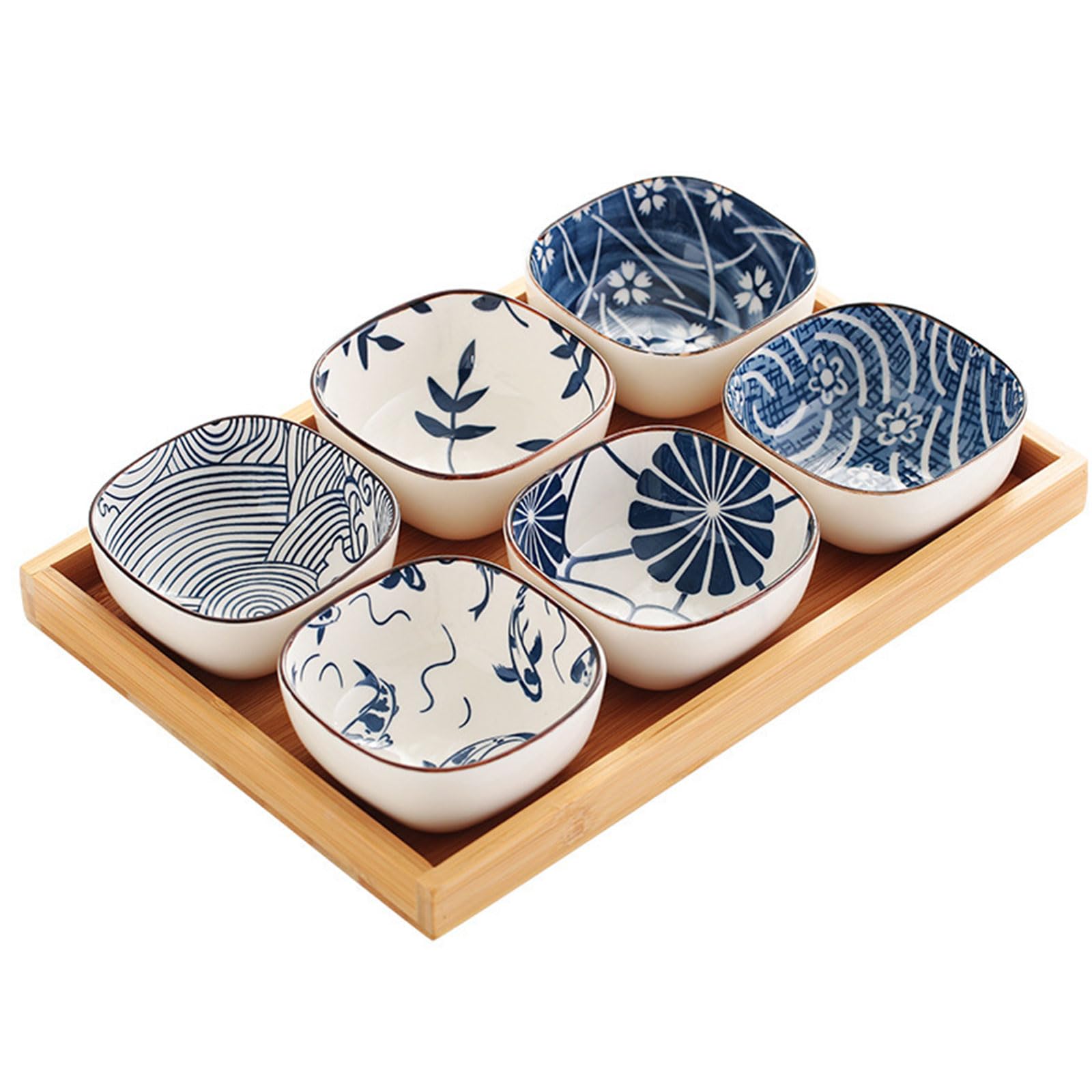 Dxcaicc One Color Snack Bowl, Dip Bowl, Ceramic Mini Dipping Bowl With Wooden Serving Tray Set, Condiment Tray, Detachable Plate, Vintage Side Dish For Appetizers, Barbecue,C