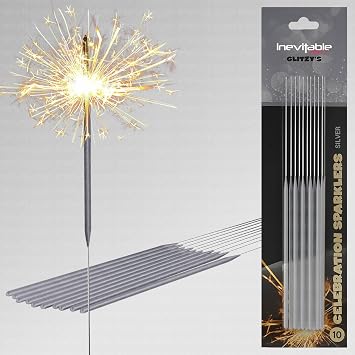 3 Packs of 10 x 18cm 7" Glitzy Celebration Sparklers for Indoor or Outdoor Use | Metallic Colour Coated Sparklers in Gold, Rose Gold or Silver | Great for Any Occasion Silver, 30