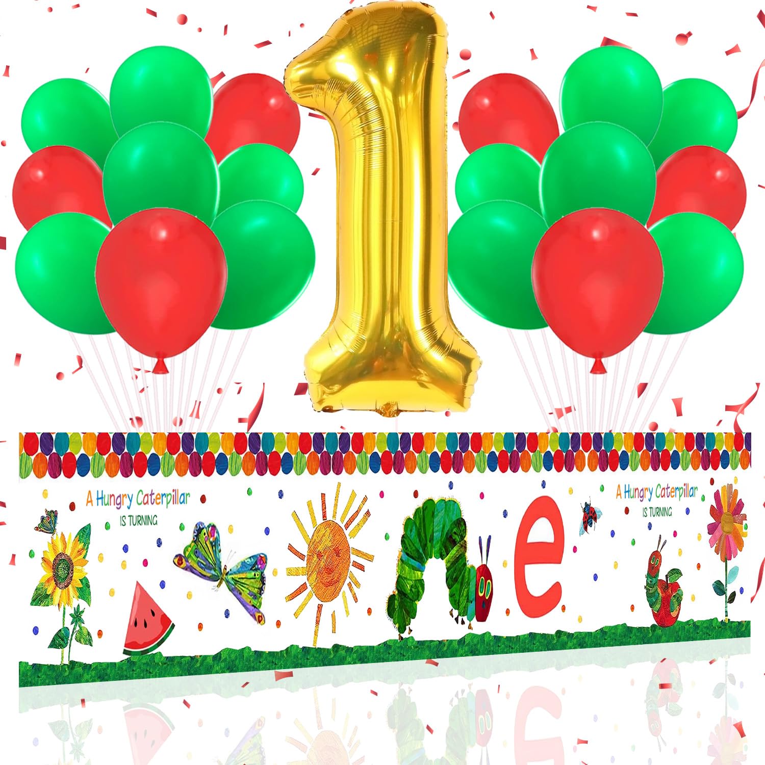wongmode One Very Hungry Little Green Caterpillar Happy Birthday Banner Yard Sign with Number 1 Balloons Decor Backdrop Background for Happy Birthday 1st Frist Party Decorations Supplies 20Pcs