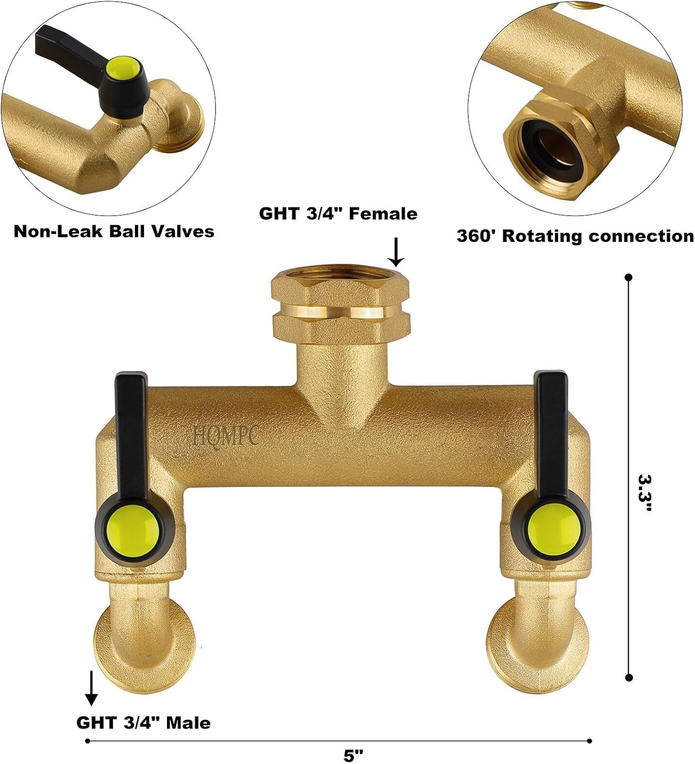 HQMPC Garden Hose 2 Way Valve Brass Splitter with Solid Brass Handle Hose Adapter 2 Way Valve 3/4" GHT Thread New Model