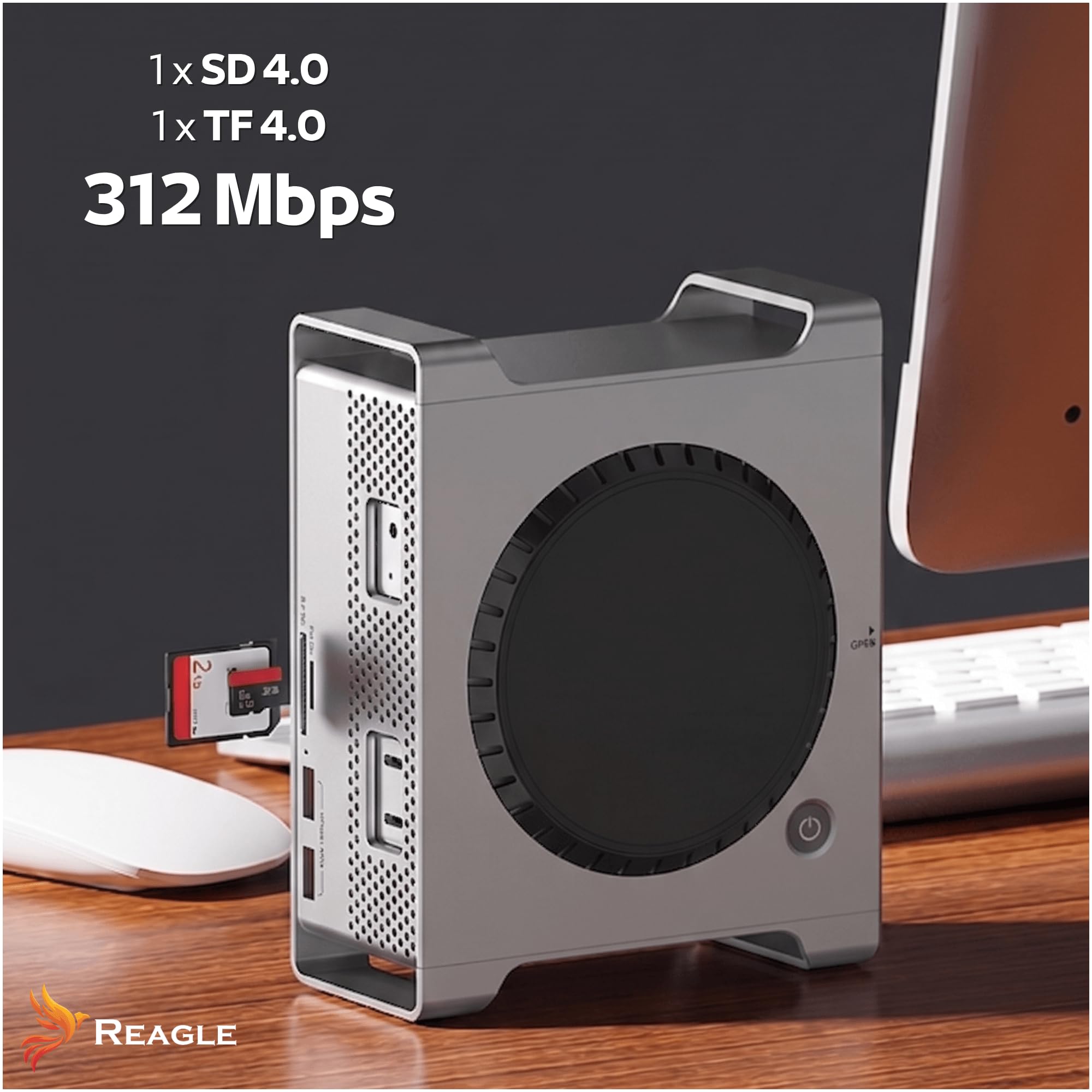 Reagle Dockingstation 3in1 für Mac mini M4/M4 Pro 2024, USB-C Hub und Aluminium-Ständer mit M.2 NVMe SSD-Gehäuse bis 8TB, HDMI 4K 60Hz, 2X USB-A 10 Gbit/s, SD/TF 4.0, PD 100W