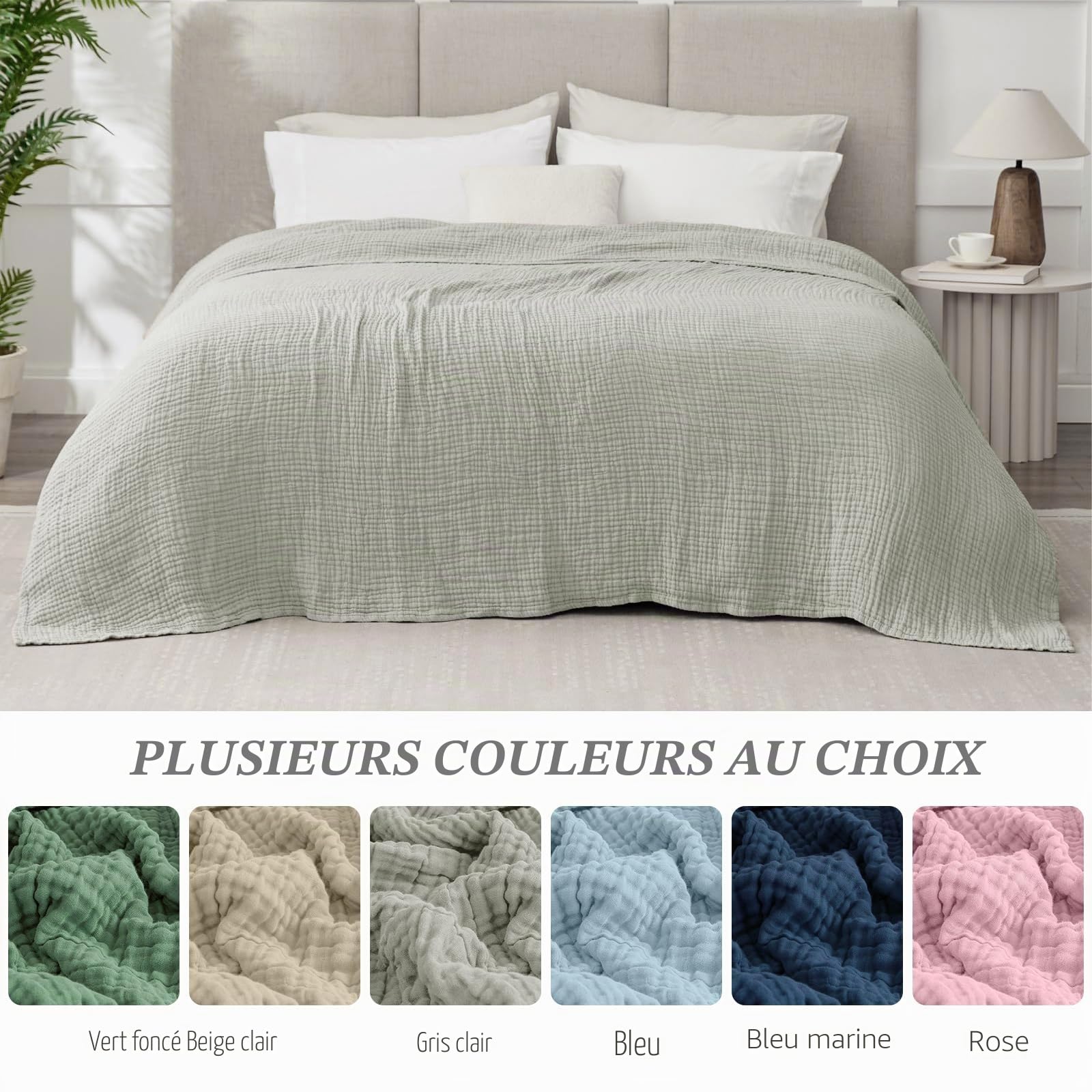 Couverture Gaze de Coton, 150 x 200 cm Plaid Coton Canapé, Couvertures 100 % Coton, Usage 4 Saisons, couvertures en Mousseline pour Adulte, Couverture Été pour Lit, Canapé, Jeté de Lit (Gris Clair)