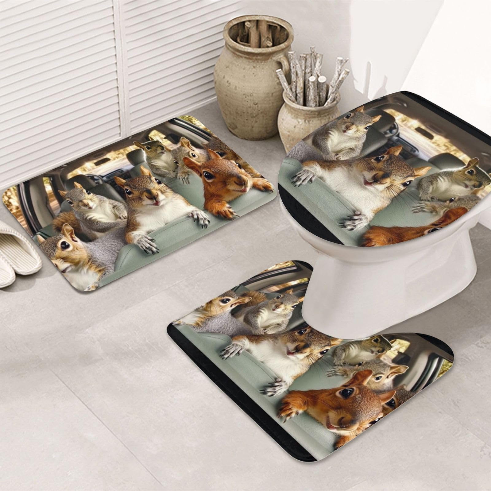 Juego de alfombras de baño con ardillas para decorar aseos familiares rústicos