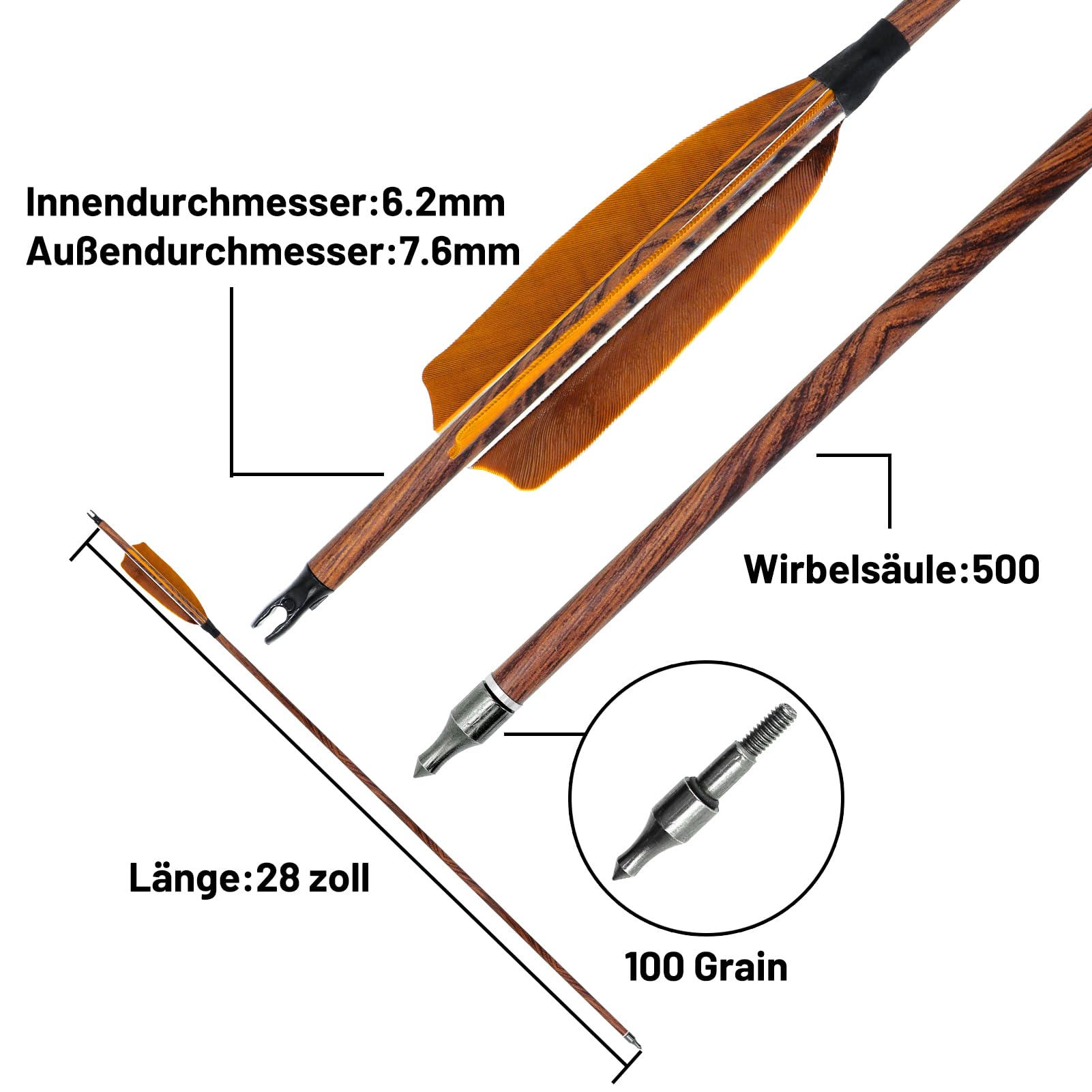 12 Stück Bogenschießen Carbon Pfeile 28-31 Zoll Spine 500 Mit Naturfedern Holzmaserung Pfeile Für Jagd Recurvebogen Compoundbogen