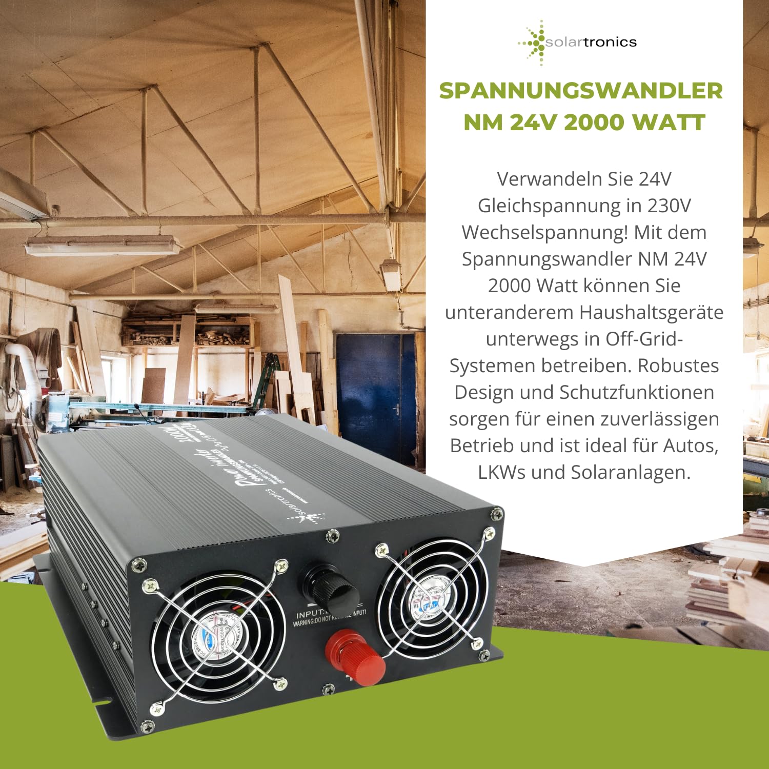 Solartronics NM2000 Transformador de Tensión 24V 230V Modificado Sinus 2000W-4000W Spitzenleistung - Inversor 24V sobre 230V Corriente con Schuko-& USB Conexión Solar Inverter Convertidor