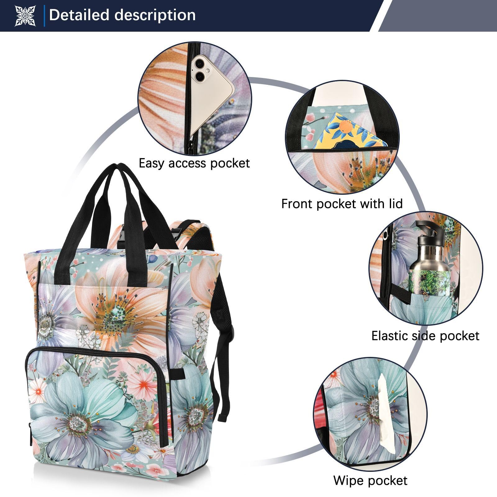 Mochila de pañales estilo bohemio floral brillante primavera